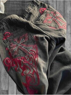 Embroidered Cross Pocket Black Jeans with Red Detailing